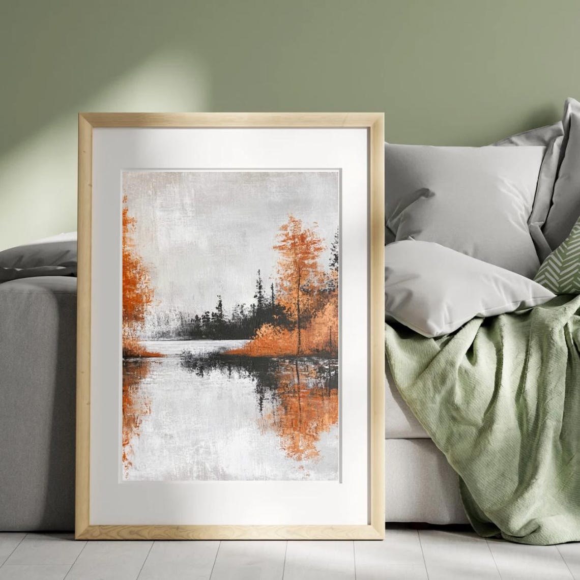 Fiery Autumn Forest Reflected In Still Lake Abstract Art Print - Image 4