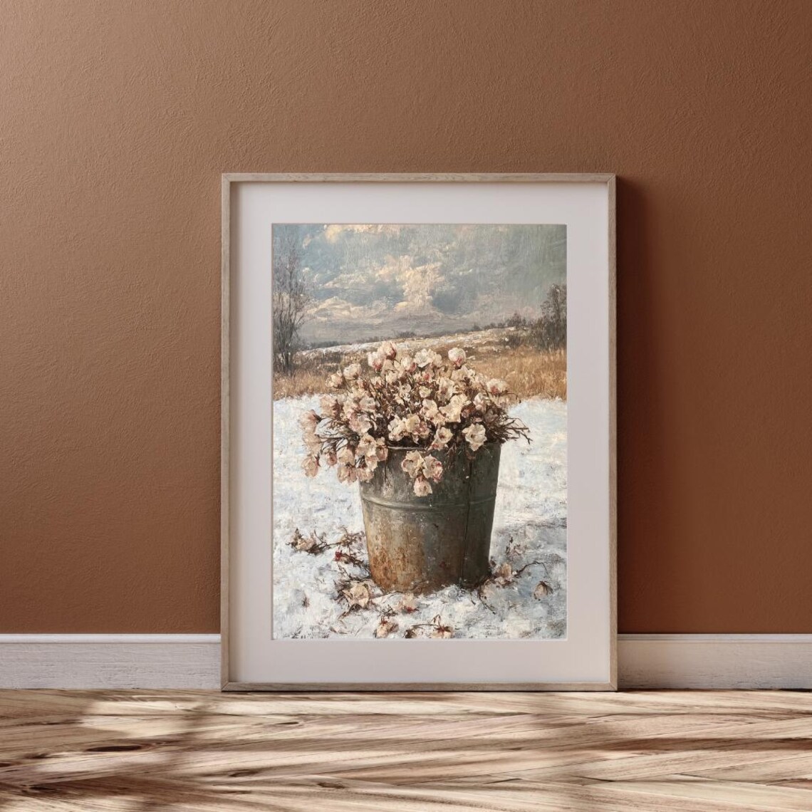 Pink Wildflowers in Rustic Bucket on Snowy Field Vintage Floral Wall Art Poster - Image 6