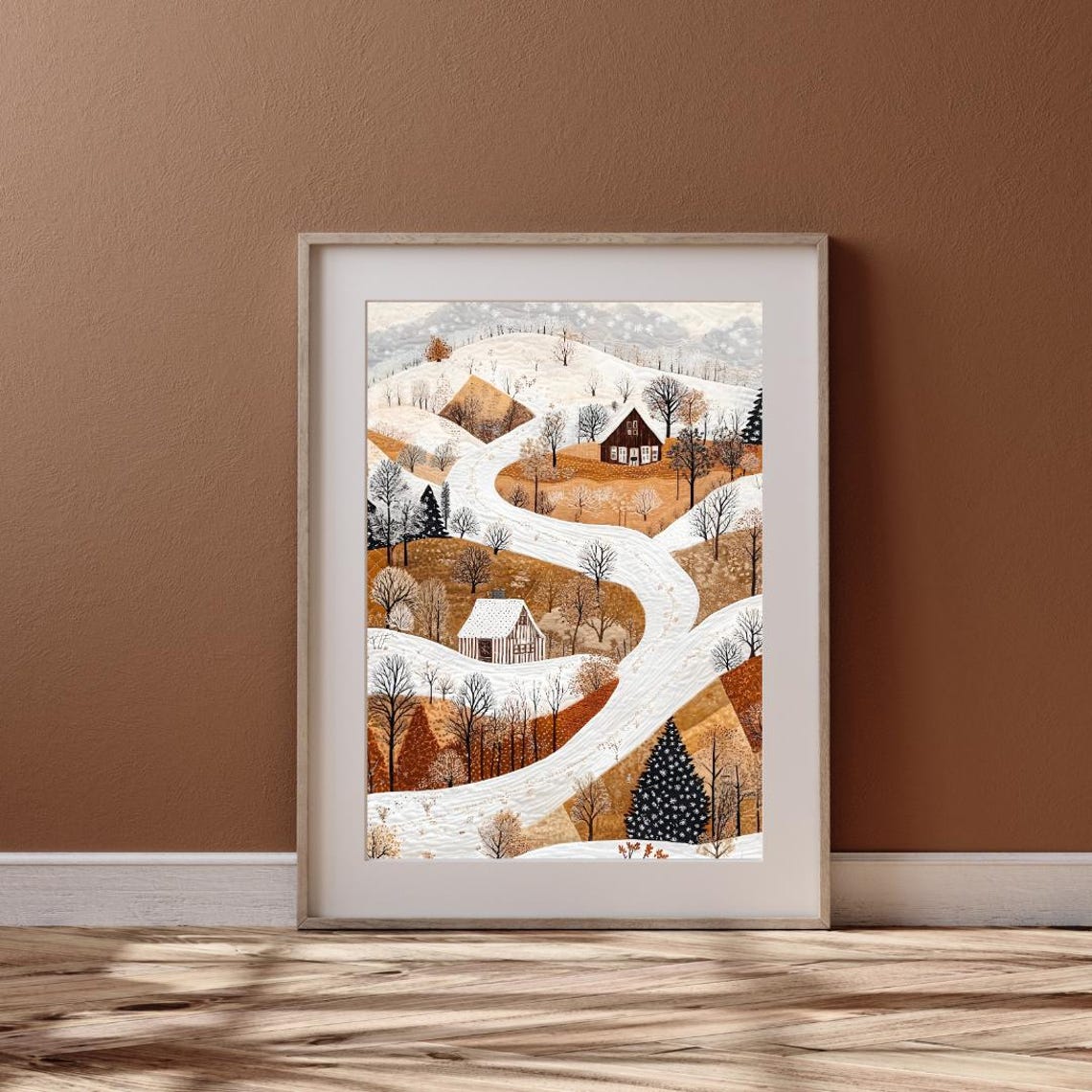 Charming Folk Art Winter Village With Snowy Winding Road Art Print - Image 3