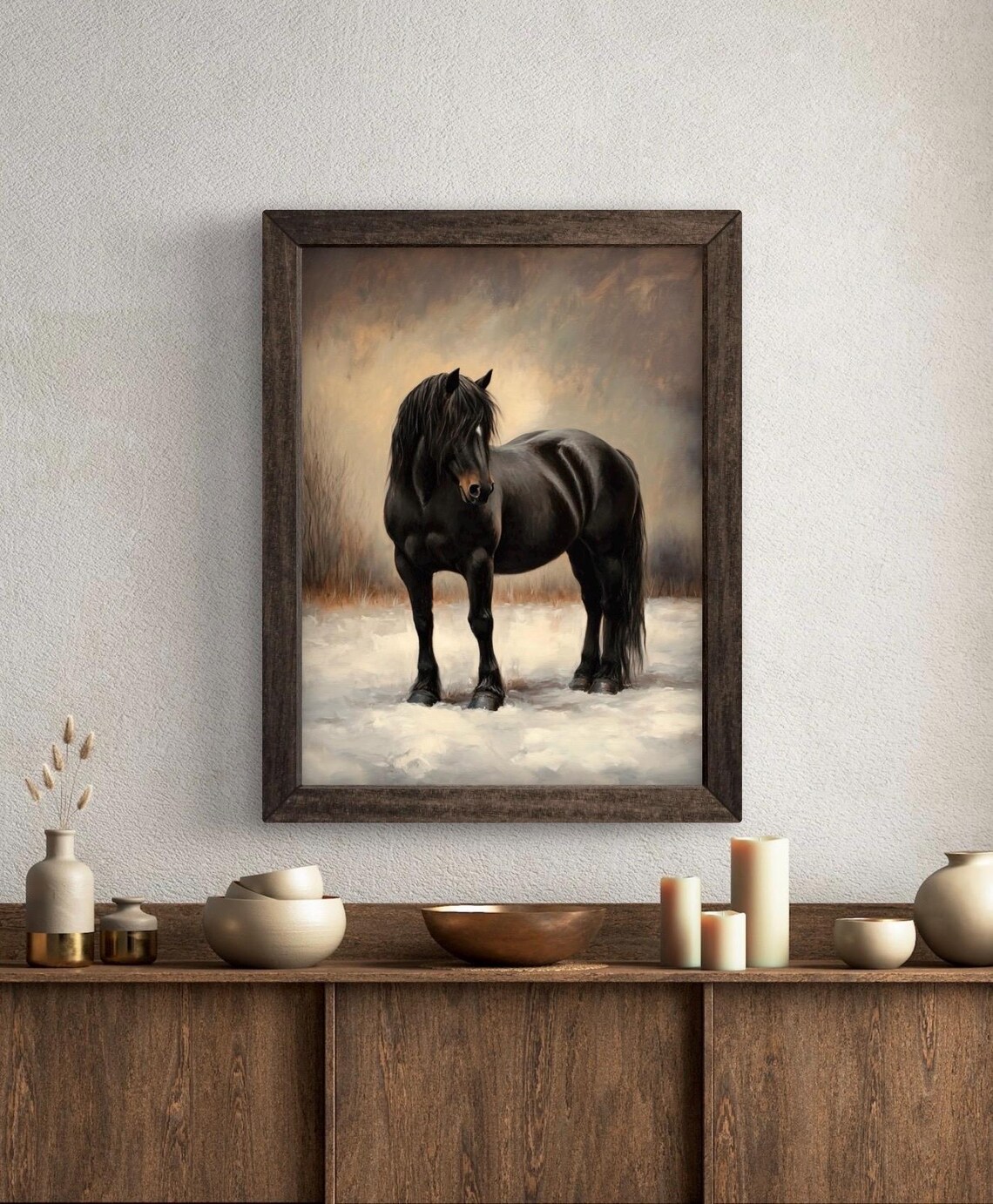 Majestic Black Draft Horse Standing In Snow Moody Winter Wildlife Art Print - Image 6