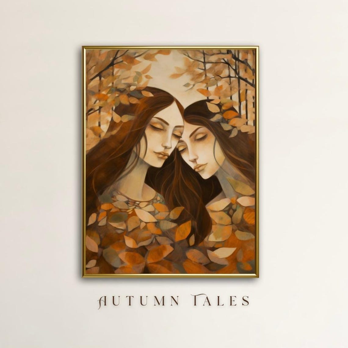 Two Women Portraits Among Golden Autumn Leaves Painterly Fall Wall Art