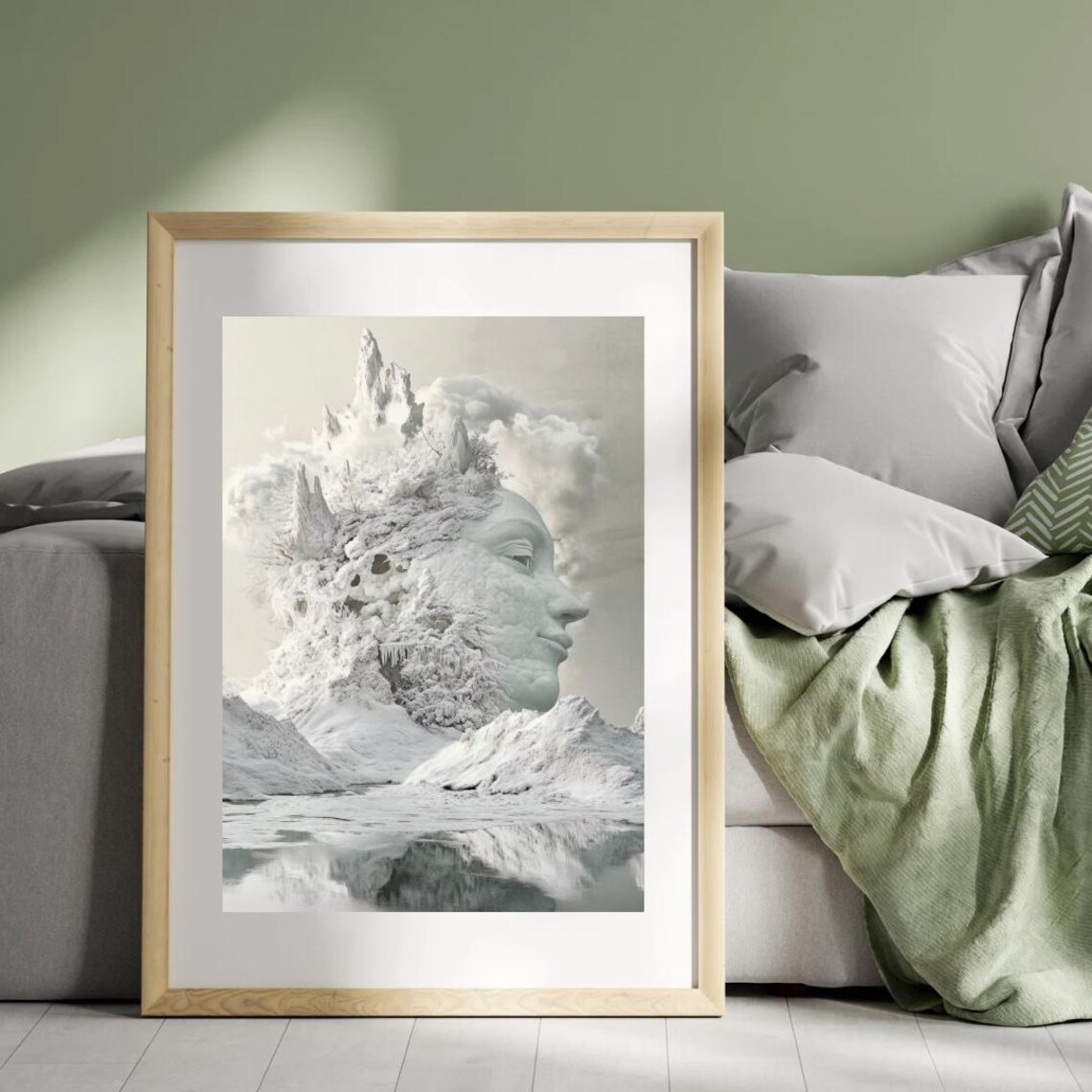 Surrealist Winter Dreamscape Mother Earth Face Emerging From Snowy Mountains Print - Image 5