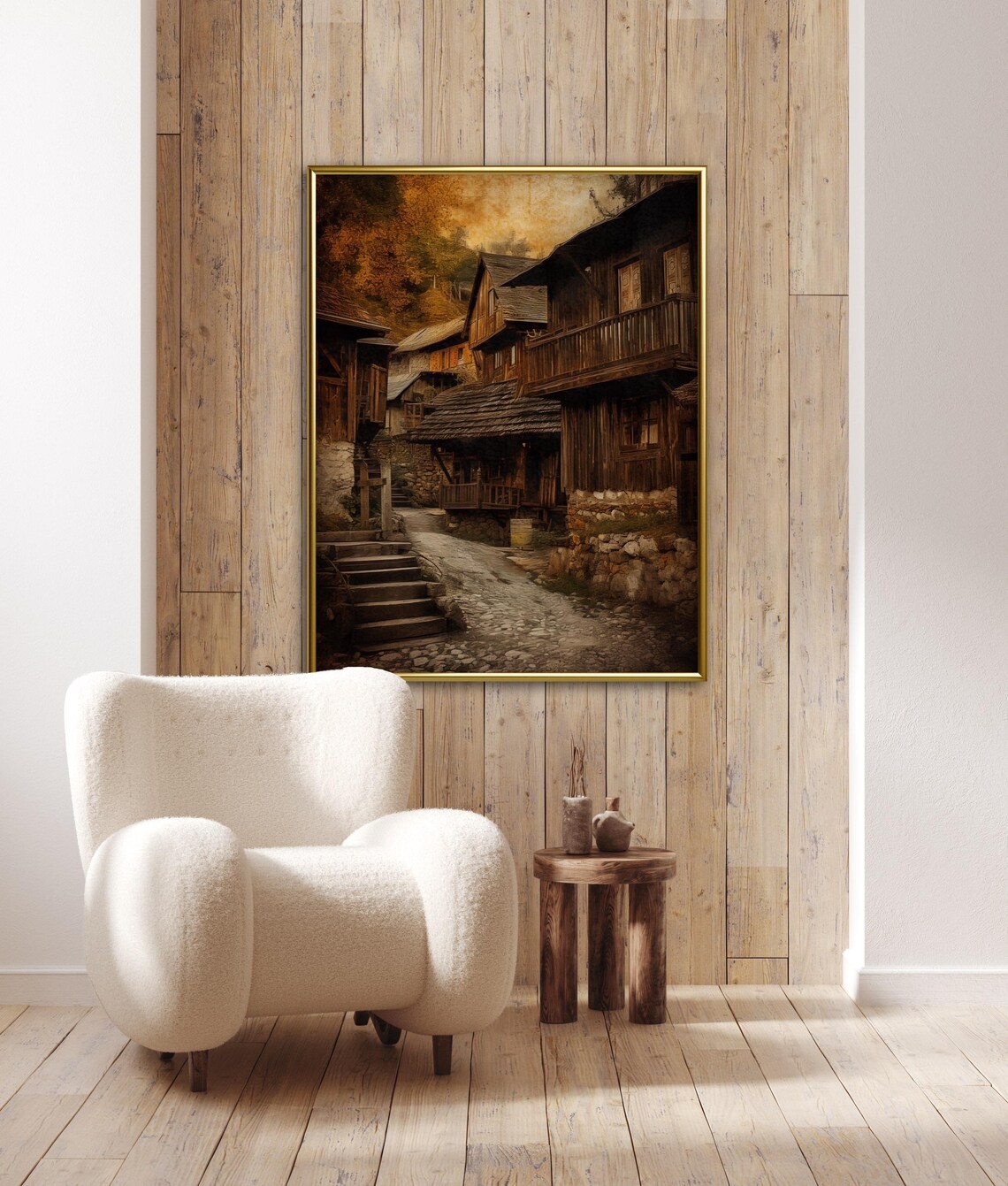 Antique Wooden Village Street With Cobblestone Path Golden Autumn Art Poster - Image 4