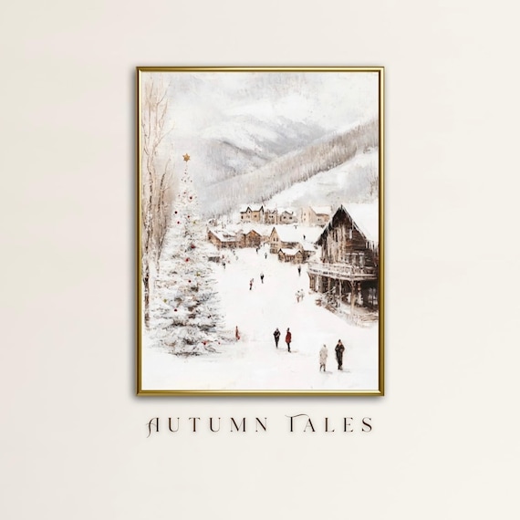 Vintage Chrsimas European Village Christmas Wall Art Snowy Winter Wonderland Ski Town Oil Painting Print Moody Christmas Farmhouse Decor