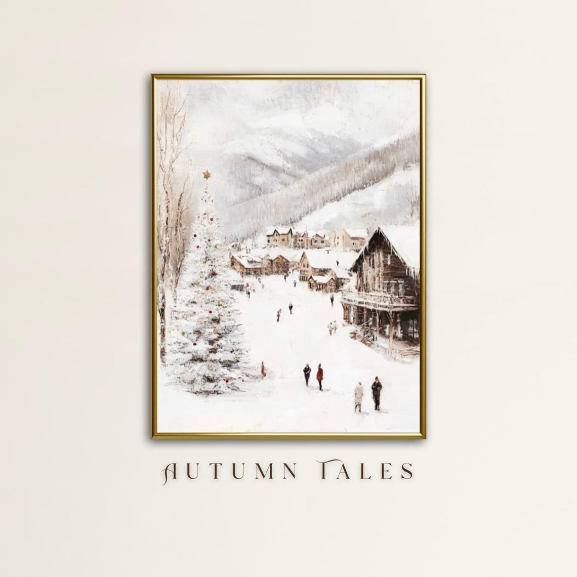 Vintage Chrsimas European Village Christmas Wall Art Snowy Winter Wonderland Ski Town Oil Painting Print Moody Christmas Farmhouse Decor