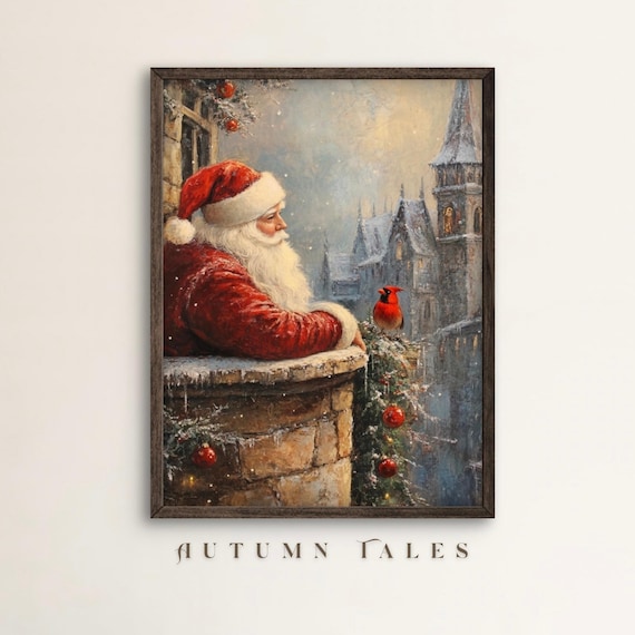 Santa And North Cardinal Bird Christmas Wall Art Print Vibatge Old European Cityscape In Winter Moody Festive