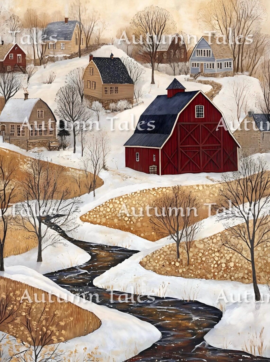 Folk Art Snowy Farm Town With Red Barn And Winter River Art Print - Image 2