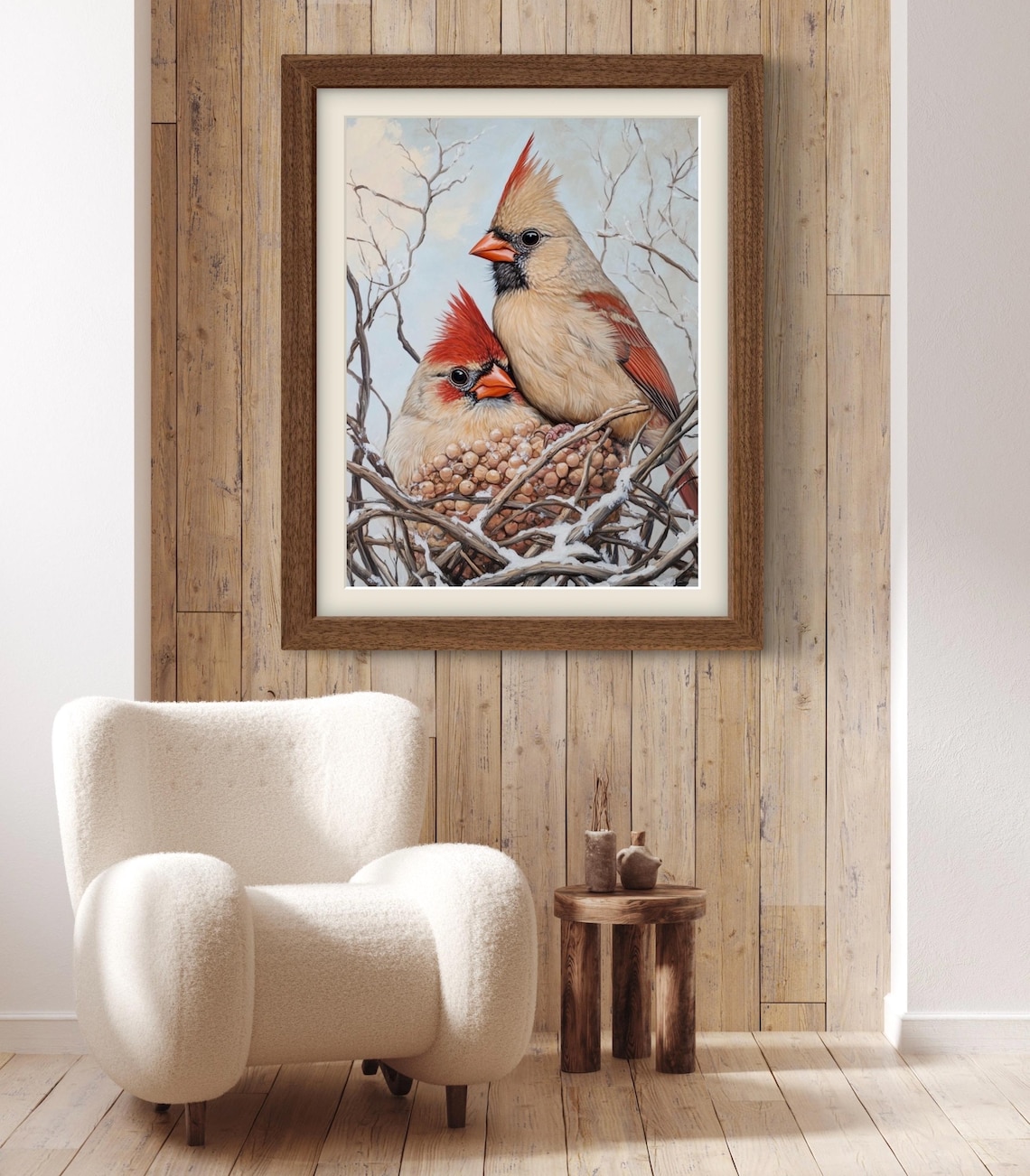 Pair Of Northern Cardinals On Snowy Nest Branch Bright Winter Bird Art Print - Image 3