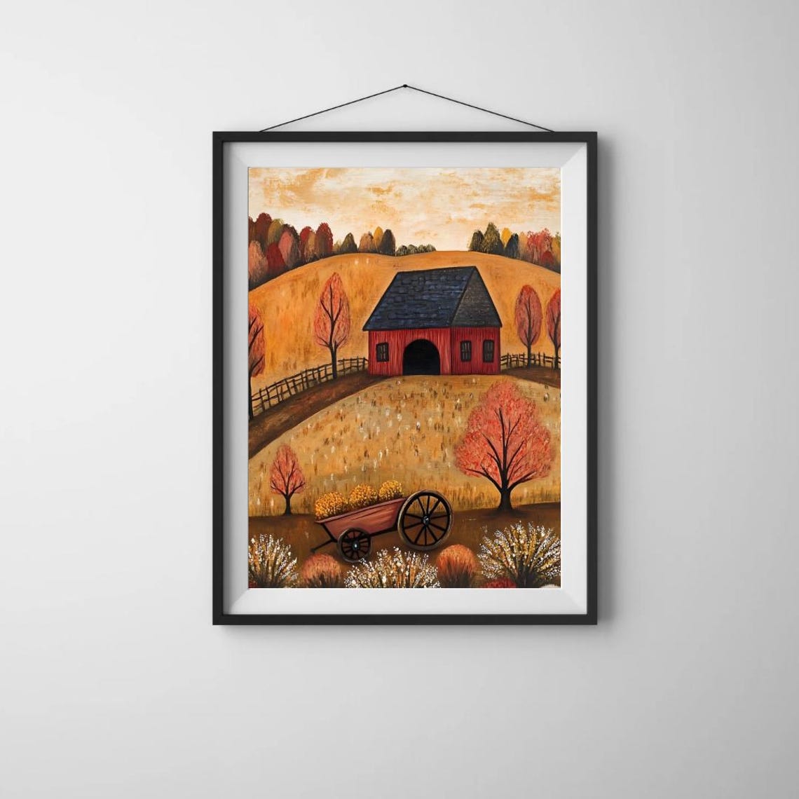 Rustic Folk Art Red Barn With Hay Wagon In Golden Field Art Print - Image 3