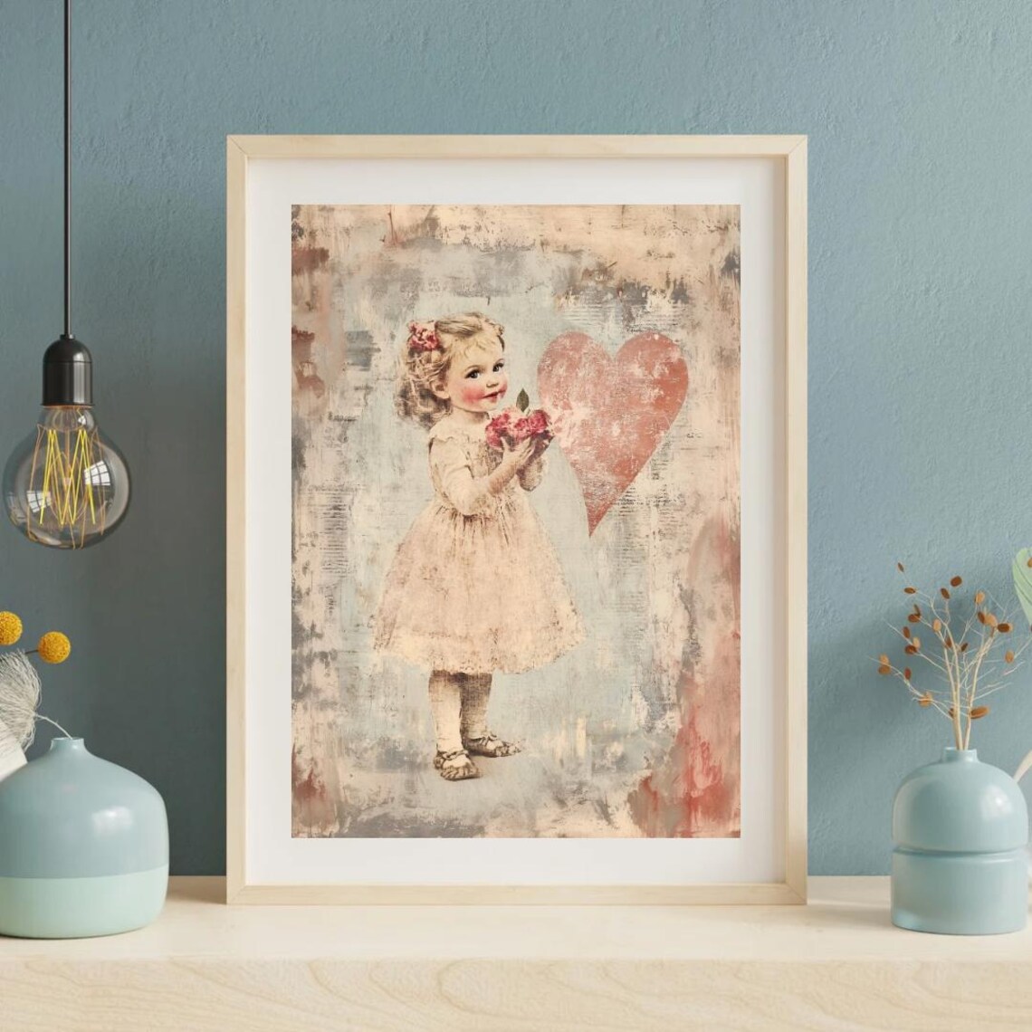 Sweet Little Girl Flowers Red Heart Vintage Valentines Day Poster - Image 6