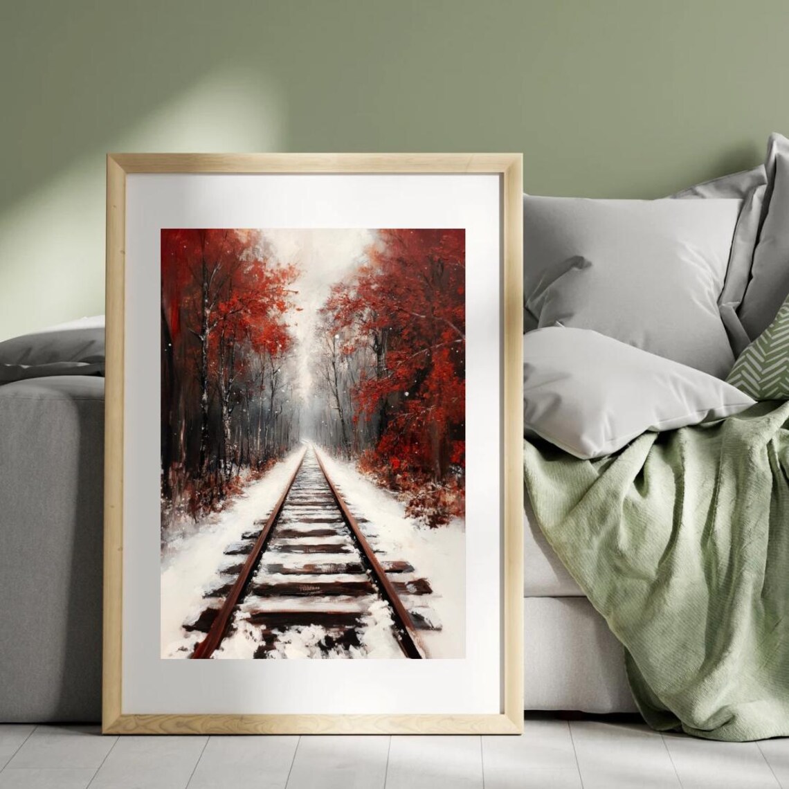 Snowy Railroad Track Through Crimson Winter Forest Moody Landscape Poster - Image 4