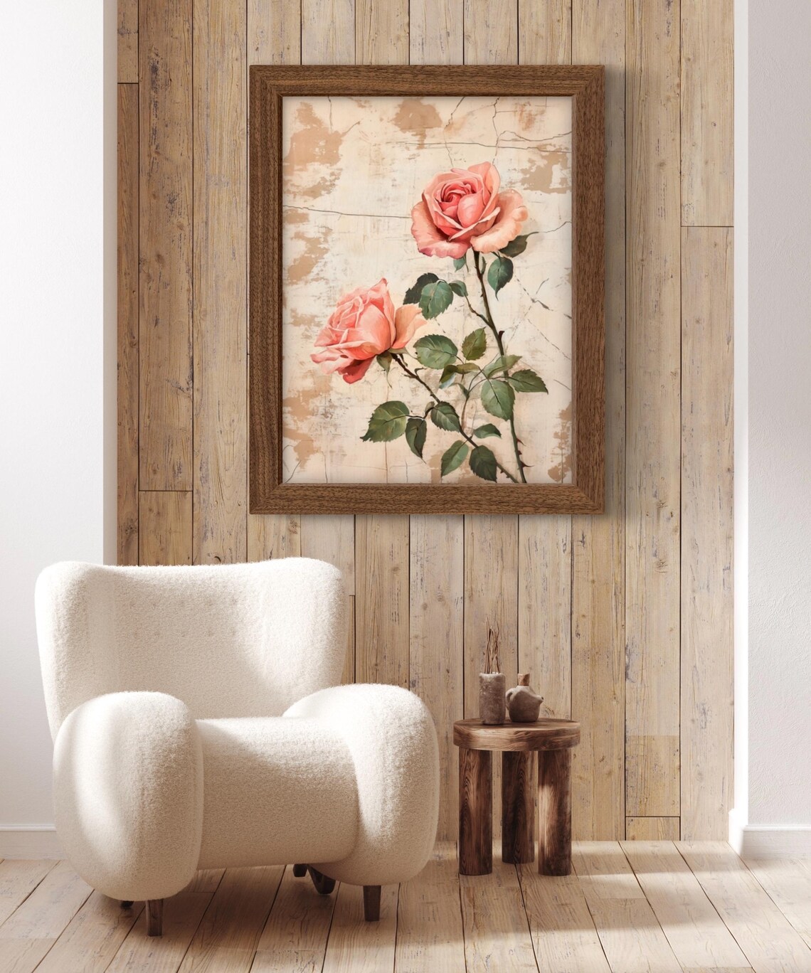 Vintage Pink Roses Botanical Illustration Distressed Beige Floral Poster - Image 3