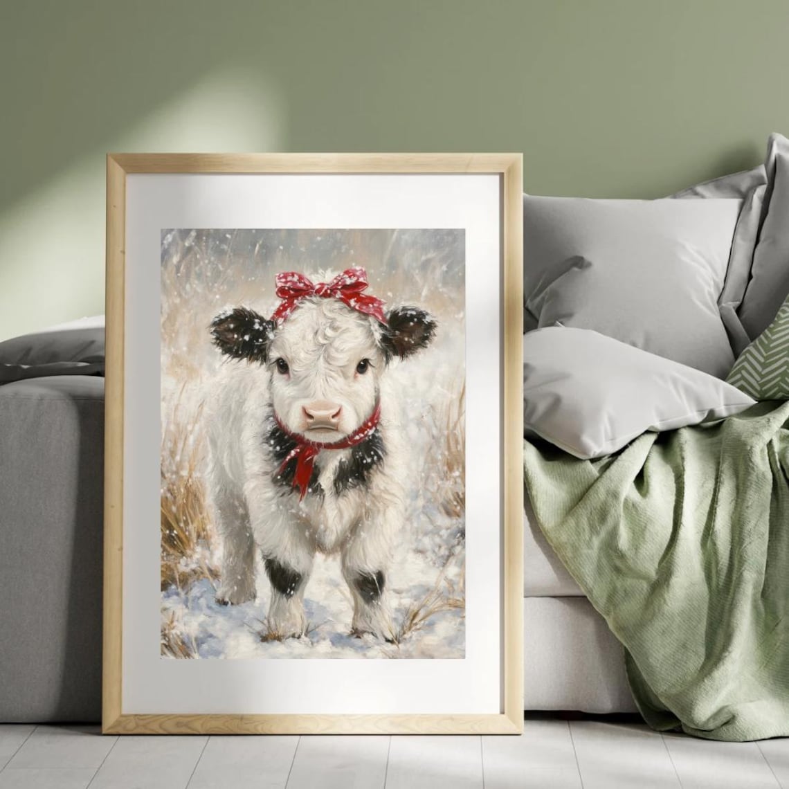 Cute Highland Calf in Snow With Red Bow Art Print - Image 2