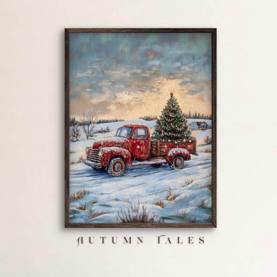 Vintage Red Truck Carrying Christmas Tree Art Print