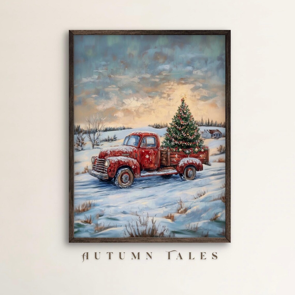 Vintage Red Truck Carrying Christmas Tree Art Print