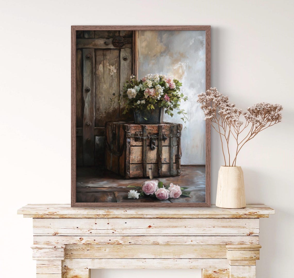 Rustic Trunk Flowers Wooden Door Farmhouse Still Life Art Poster - Image 4