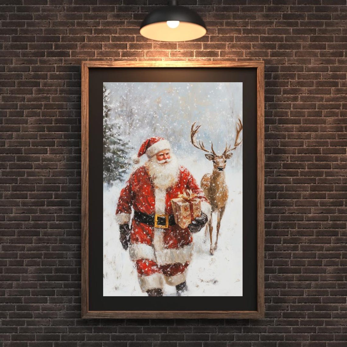 Vintage Santa Claus Reindeer Snowy Forest Christmas Wall Art - Image 4