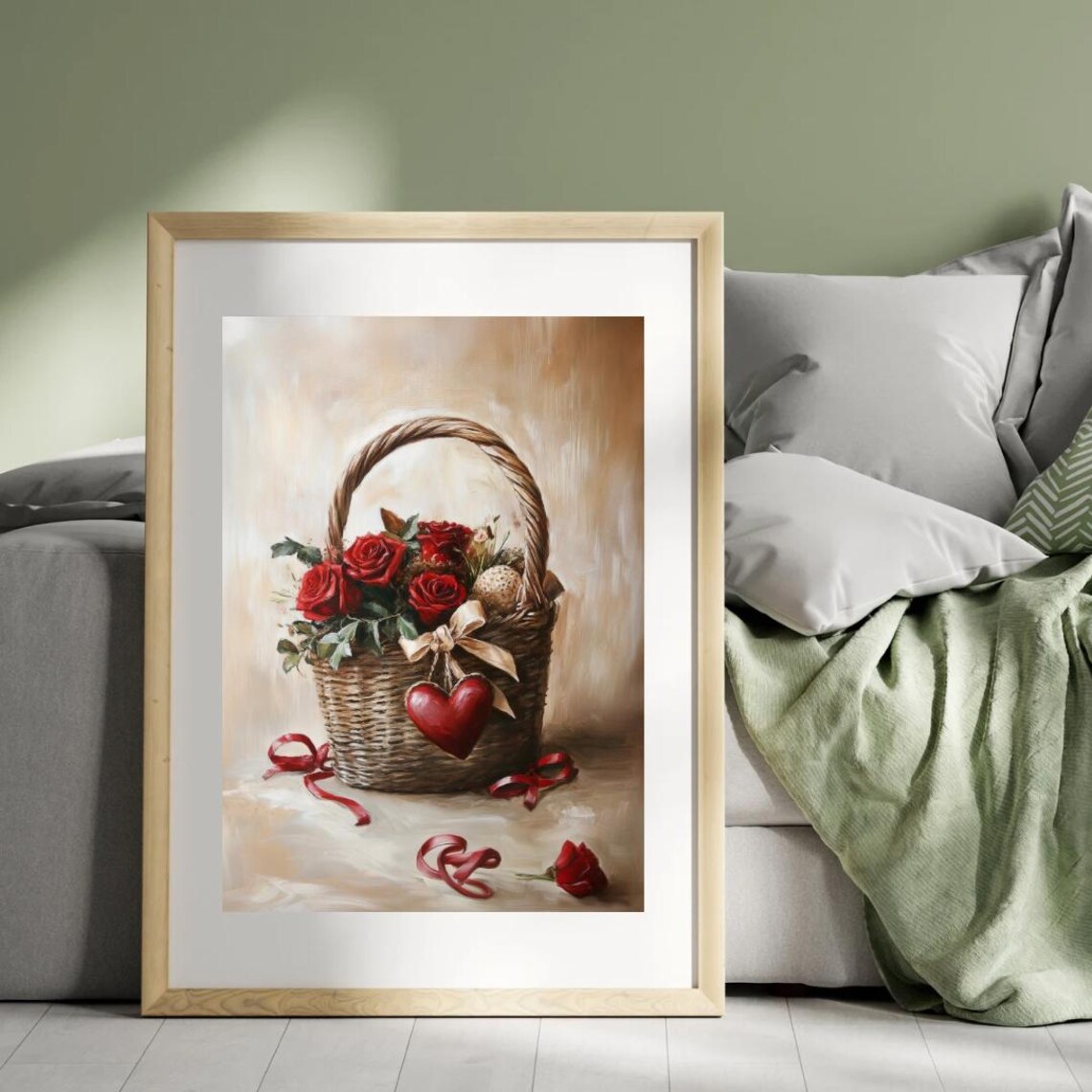 Red Roses Wicker Basket Red Heart Valentines Bouquet Art Poster - Image 4