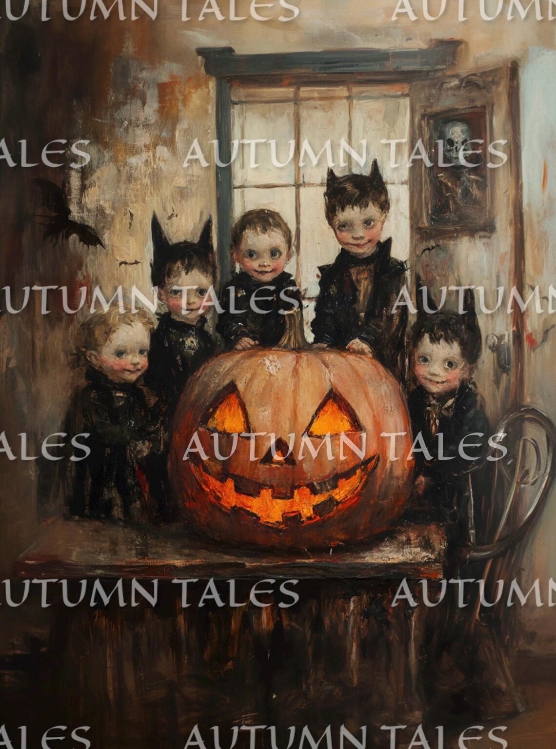 Vintage Kids In Bat Costumes With Giant Glowing Jack O Lantern Halloween Poster - Image 2
