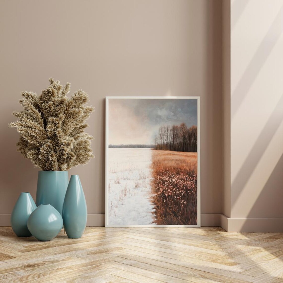Half Winter Half Spring Snowy Field With Golden Grasses Seasonal Landscape Poster - Image 3