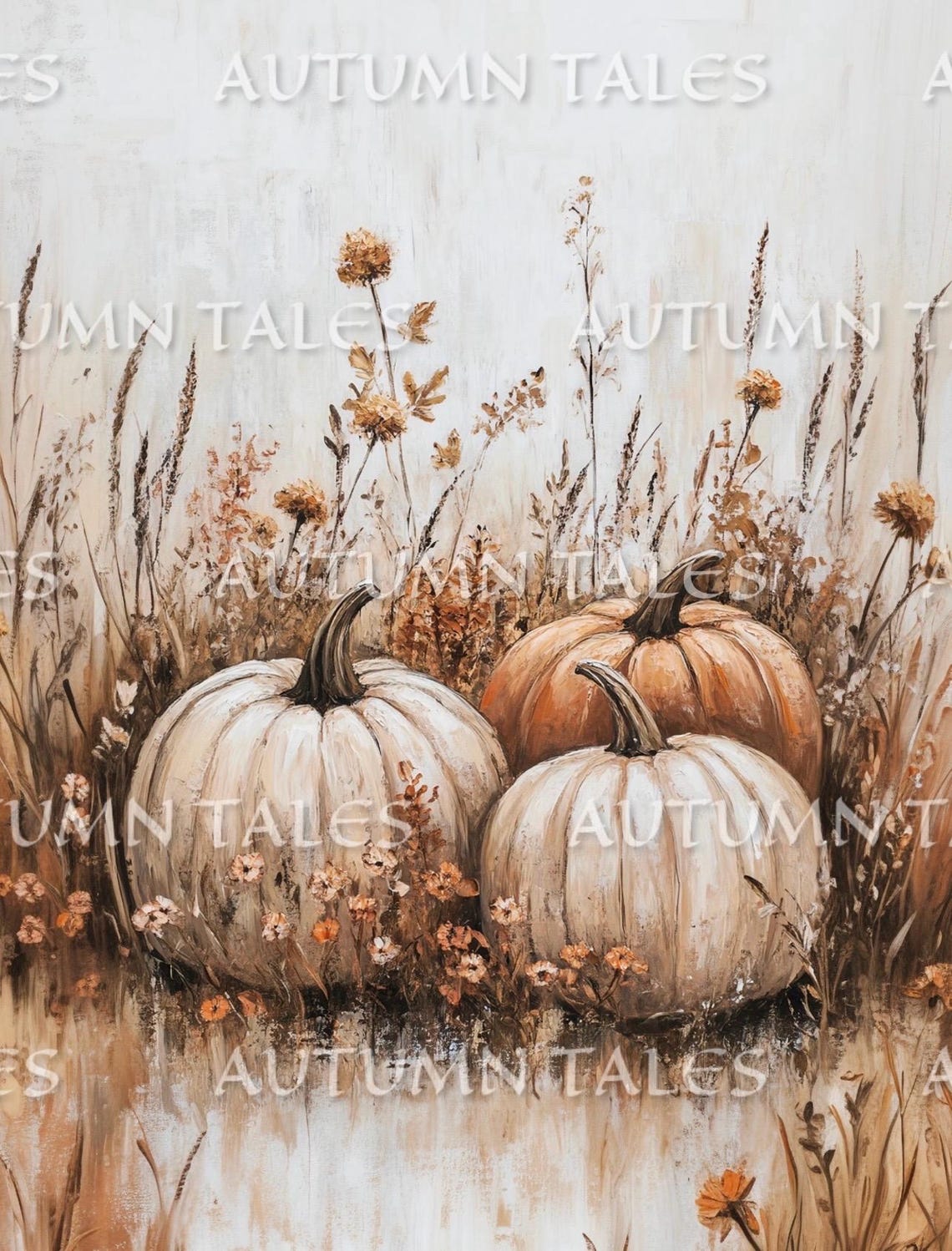 White and Orange Pumpkins in Tall Wheat Grass Autumn Field Wall Art - Image 2