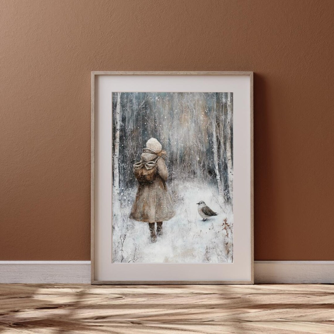 Winter Forest Girl And Bird, Moody Vintage Art Print - Image 6