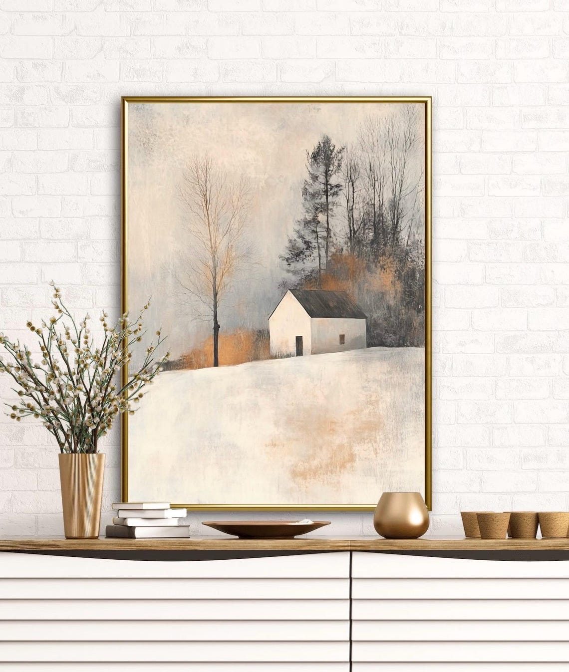 Autumn Tales White Cottage Misty Meadow Tranquil Fall Art Poster - Image 3