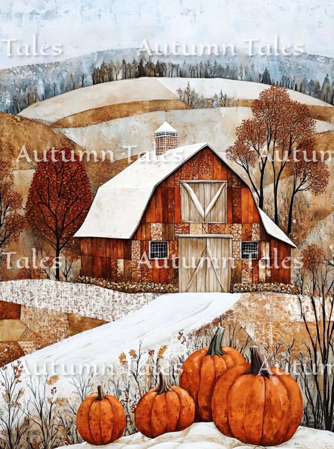 Cozy Rustic Red Barn In Snowy Hills With Pumpkins Folk Art Print - Image 2