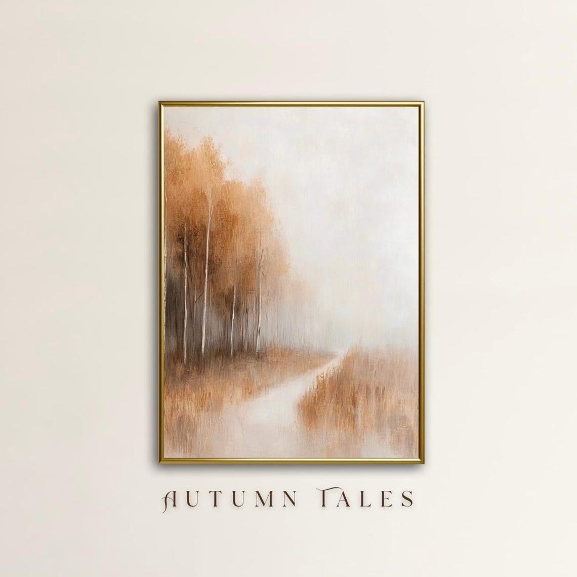 Foggy Autumn Forest Path Golden Trees Minimalist Landscape Wall Art