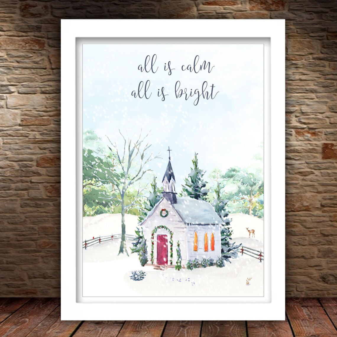 All Is Calm All Is Bright Christmas Wall Art 5x7 8x10 11x14 16x20 Holiday Decor Watercolor Christmas Diy Decor Country Church Sign - Image 2