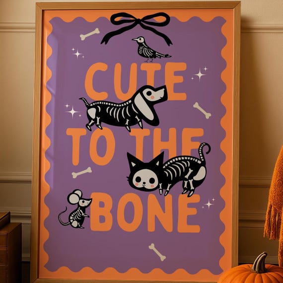Skeleton Animal Halloween Print Cute To The Bone Coquette 2025 Autumnal Nursery Wall Art Spooky Season Gift For Lover