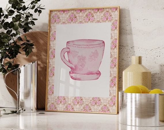 Vintage Coffee Mug Print Pink Wall Art Trendy Decor Abstract Vintage Painting Products Vintage