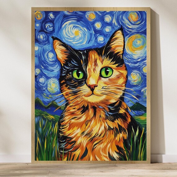Van Gogh-Inspired Abstract Cat Art Print