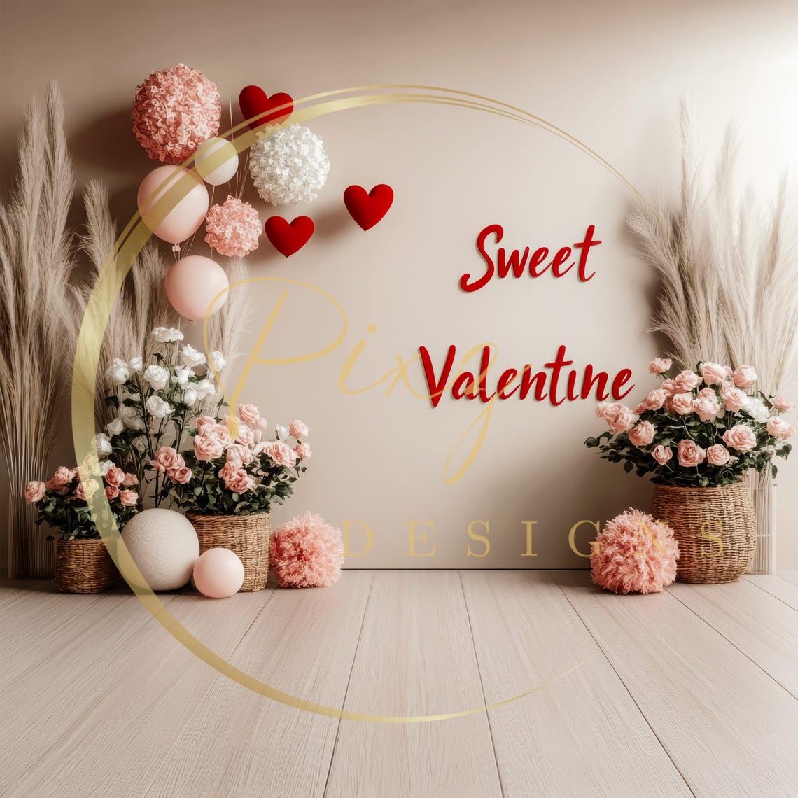 Sweet Valentine Studio Setup Girl In Red Hat Floral Balloon Backdrop - Image 2