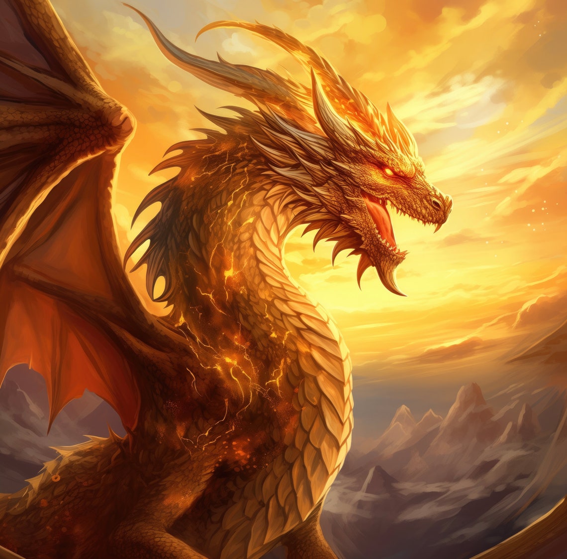 Golden Dragon Fantasy Art, Wall Art Print