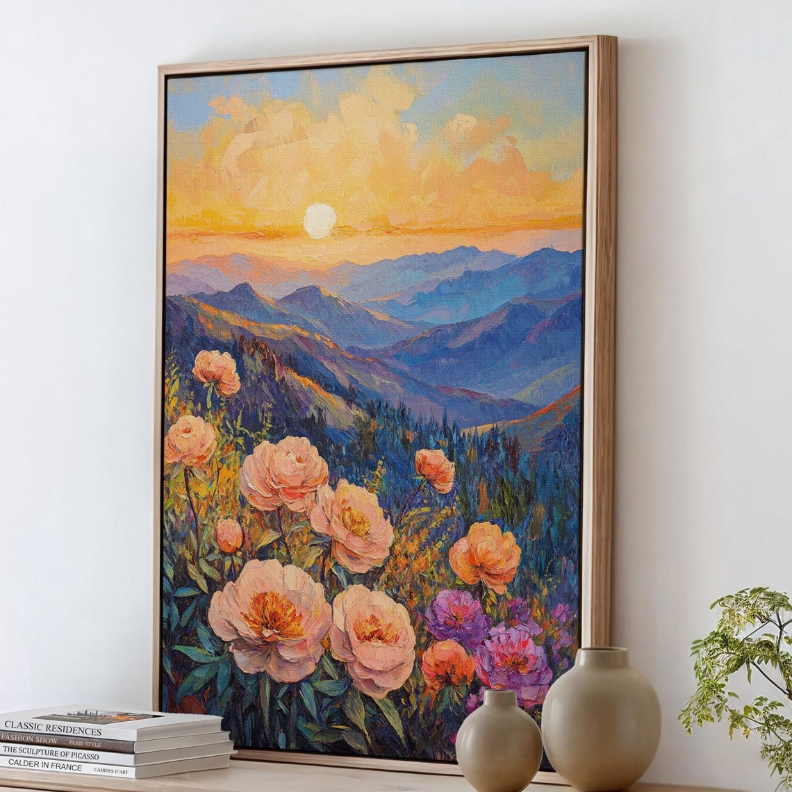 Sunset Mountain Peaks Peach Peonies Blossom Golden Hour Poster