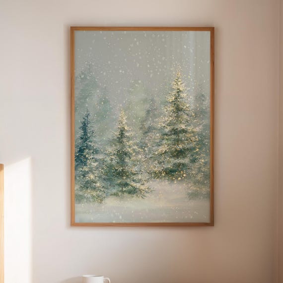 Snowy Pine Forest Canvas Wall Art Winter Wonderland Scene With Sparkling Lights And Falling Snow Cozy Seasonal Print For Holiday Dcor
