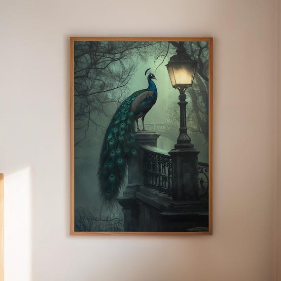 Mystical Peacock Canvas Wall Art Elegant Bird On Gothic Railing Under Lantern Light In Dark Forest For Moody Vintage Home Decor