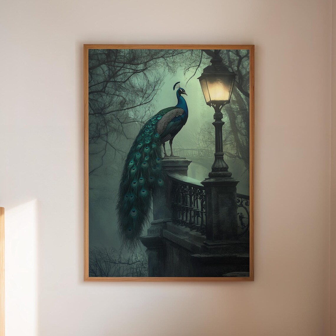 Mystical Peacock On Gothic Railing Under Lantern Misty Teal Bird Poster