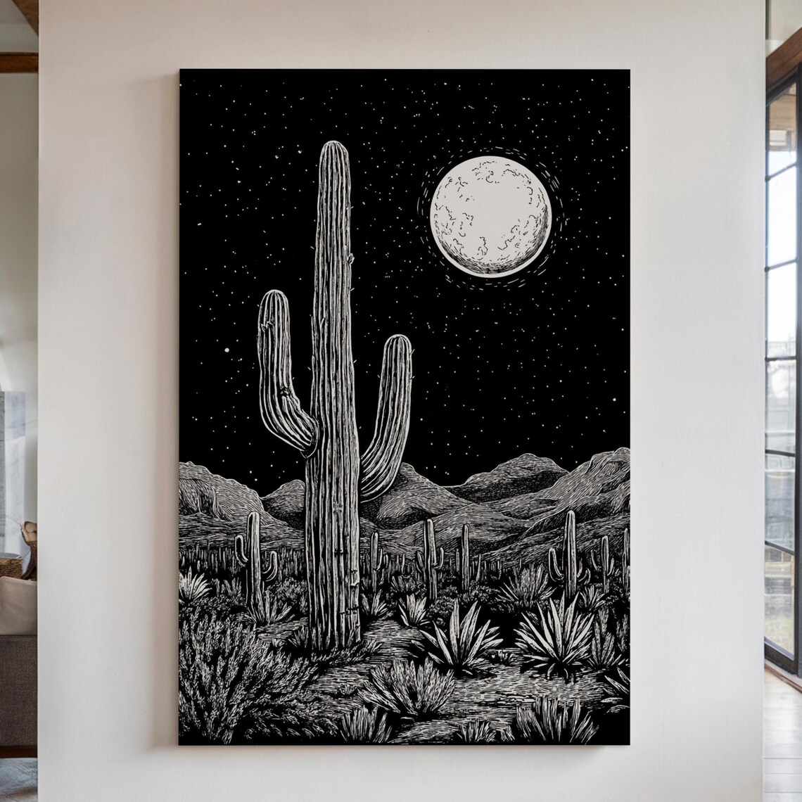 Black and White Desert Night Saguaro Under Full Moon Engraving Poster