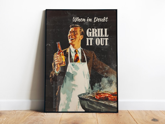 Retro BBQ Poster, Kitchen Man Cave Beer Grill