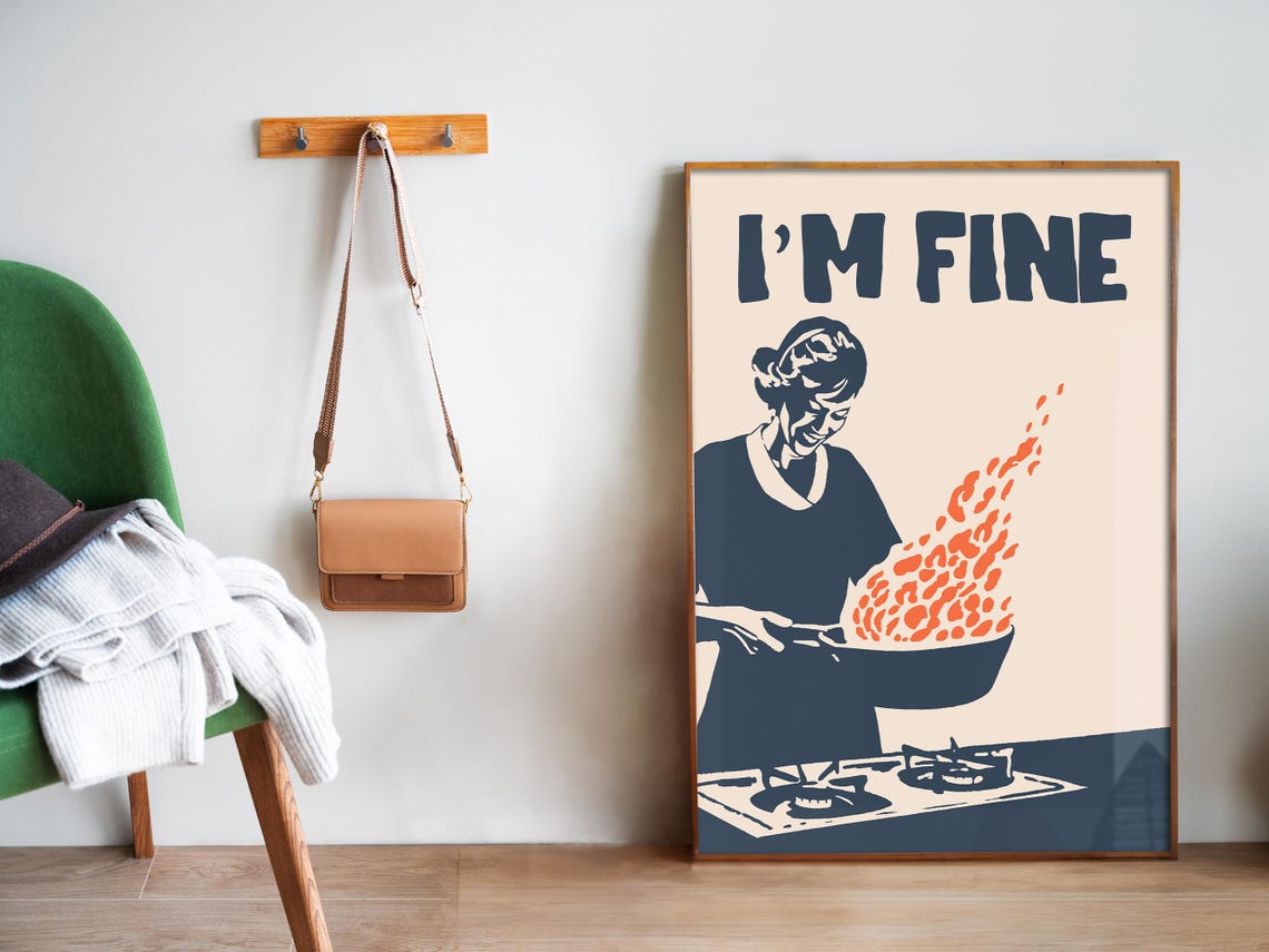 I Am Fine Funny Cook Flaming Pan Minimalist Navy Kitchen Wall Poster - Image 5