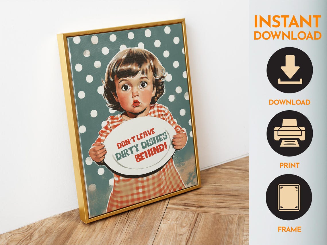 Dont Leave Dirty Dishes Behind Funny Kid Plate Retro Kitchen Poster - Image 6