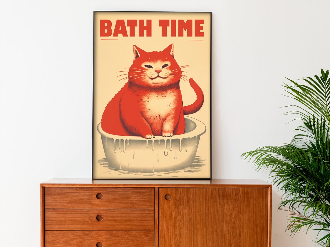 Bath Time Funny Retro Fat Orange Cat In Bathtub Bathroom Poster - Image 2