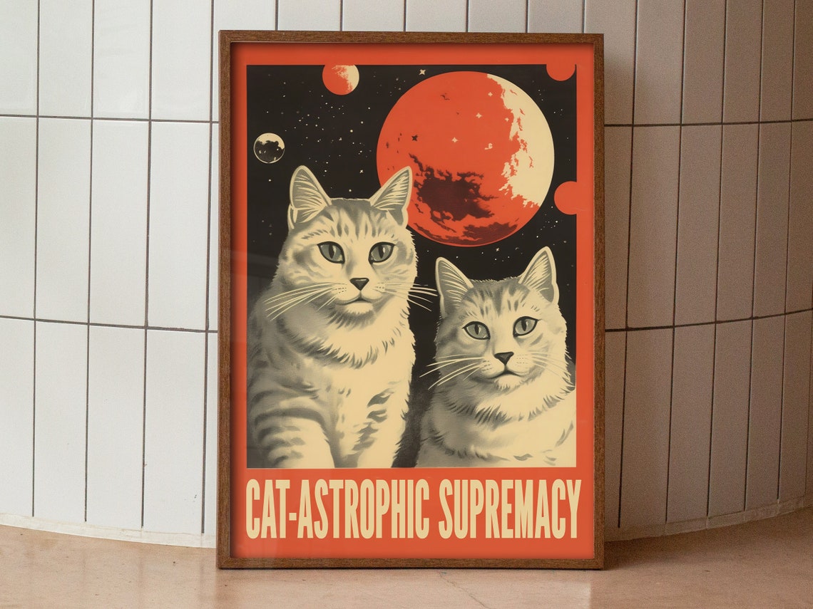 Two Tabby Cats Cat Astrophic Supremacy Retro Space Art Poster - Image 2