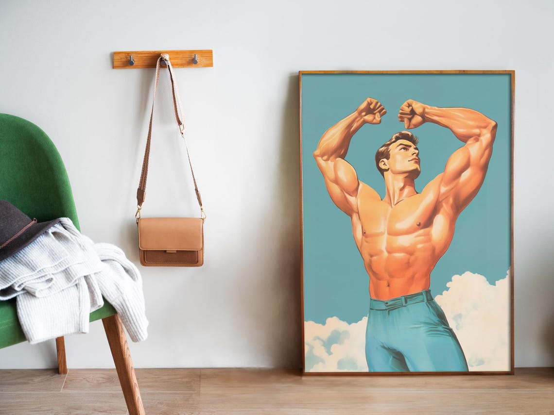 Muscular Bodybuilder Flexing Double Biceps Retro Gym Art Poster - Image 5