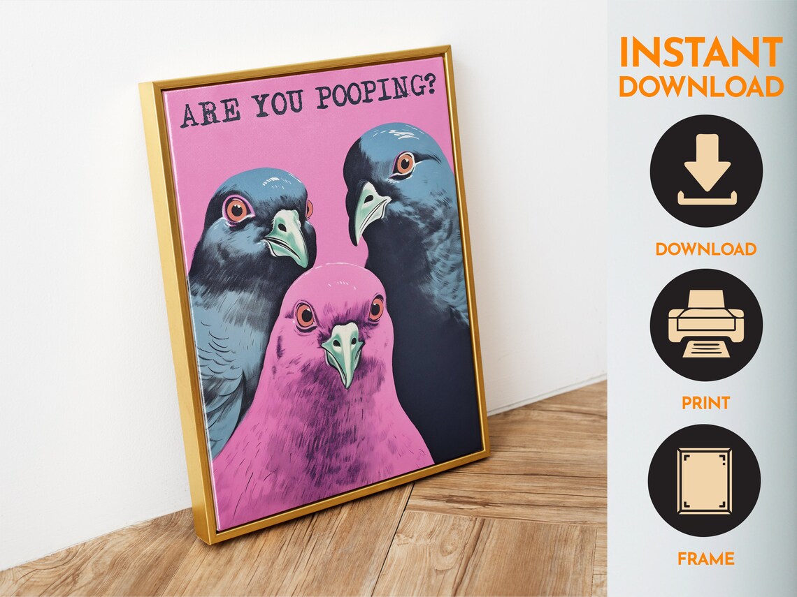 Funny Bathroom Pigeon Poster, Pink Toilet Wall Art - Image 4