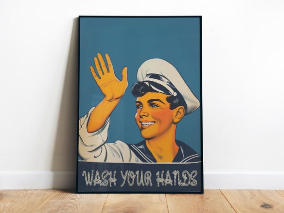 Retro Bathroom Wall Art Funny Toilet Poster Wash Your Hands Print Blue Bathroom Funny Print Sailor Poster Hand Washing Art