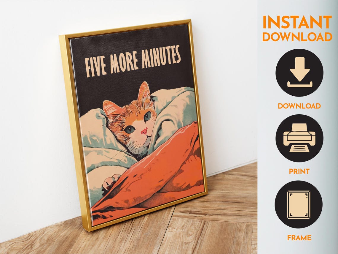 Five More Minutes Sleepy Orange Cat In Blankets Retro Bed Poster - Image 6