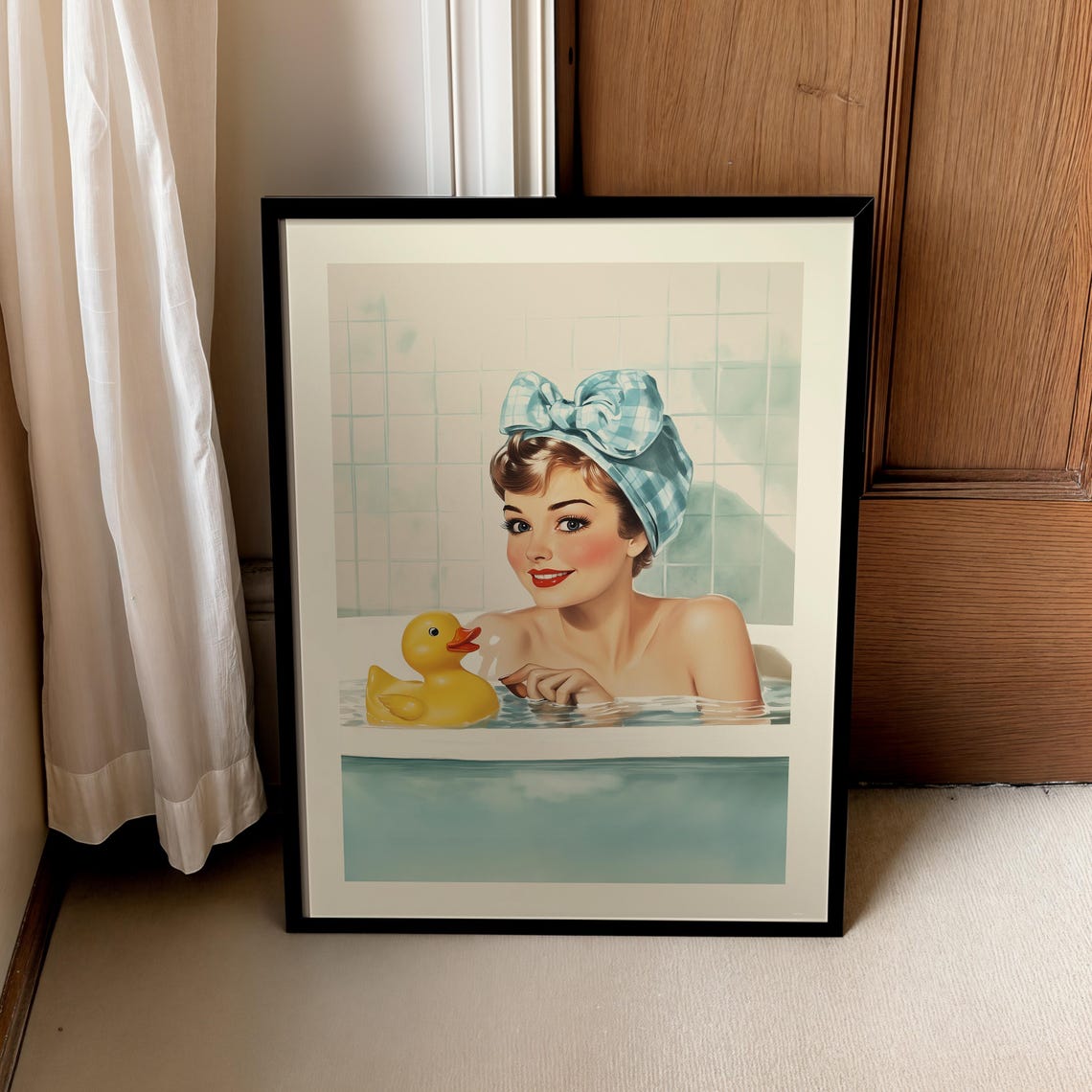 Retro Pin Up Girl Enjoying a Bathtub With Rubber Duck Poster